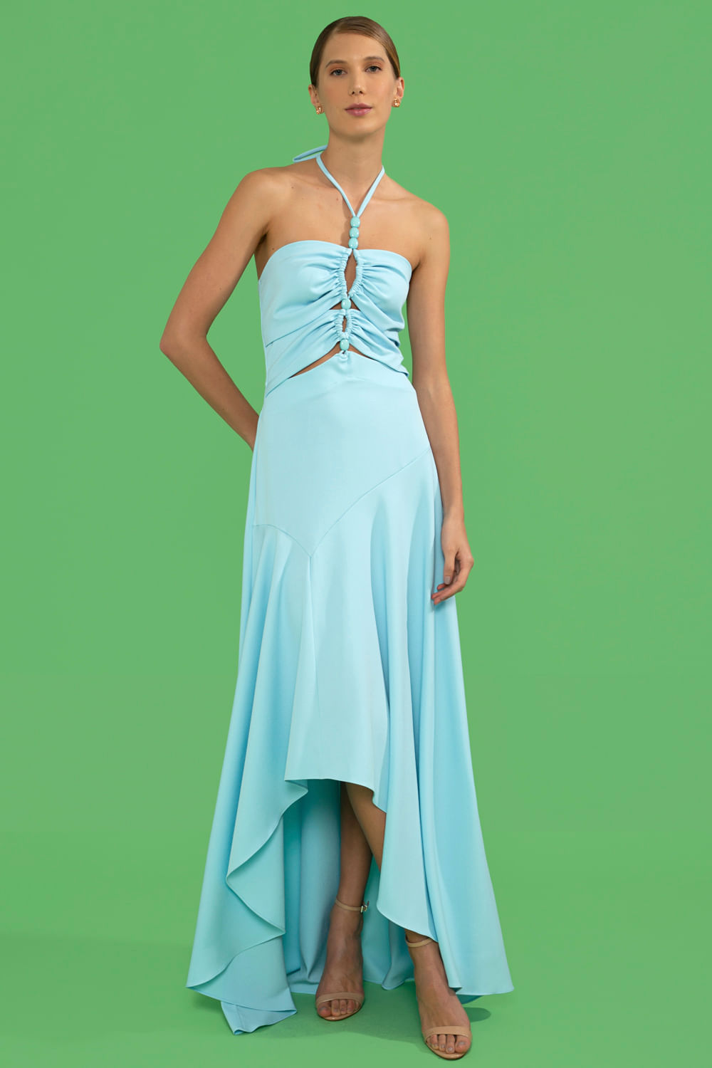 VESTIDO LONGO ASSÍMÉTRICO CREPE DAISY AZUL