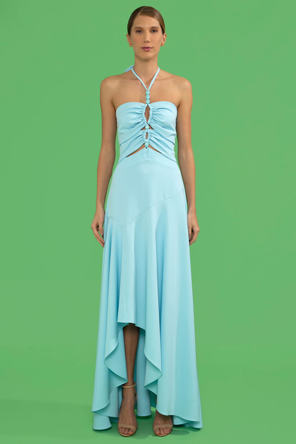 VESTIDO LONGO ASSÍMÉTRICO CREPE DAISY AZUL