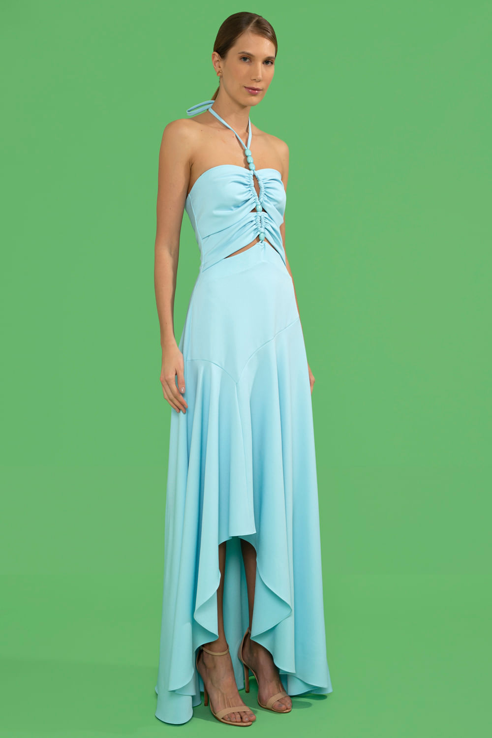 VESTIDO LONGO ASSÍMÉTRICO CREPE DAISY AZUL