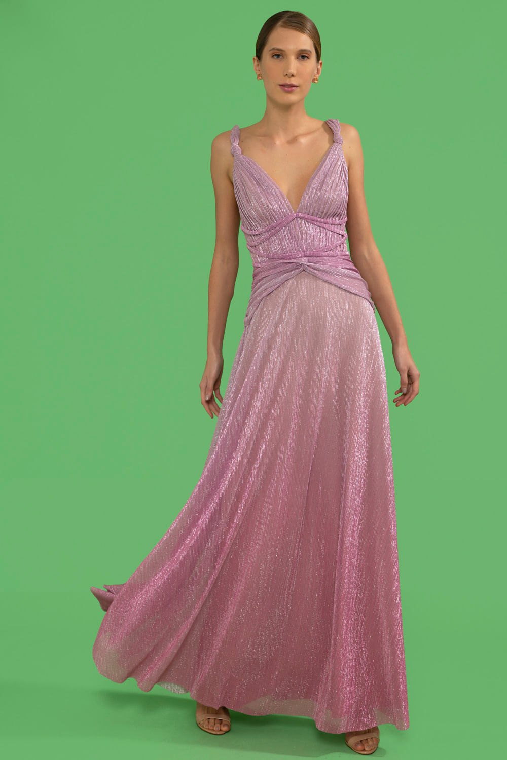 VESTIDO LONGO ALÇAS NÓ LUREX TWIGGY ROSA