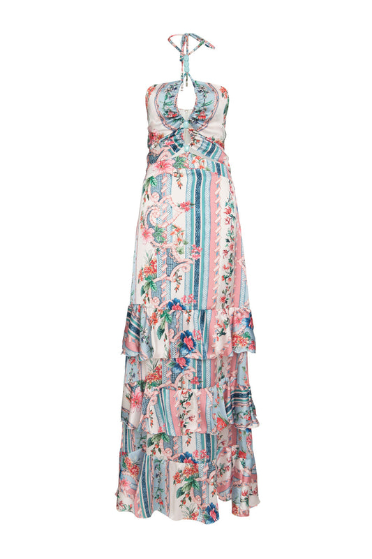 VESTIDO LONGO FRANZIDO FLORAL ANNA OFF WHITE