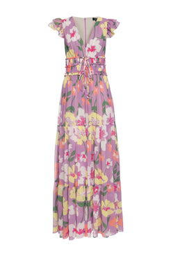 VESTIDO LONGO AMARRAÇÃO RETRÔ FLOWER LILAS