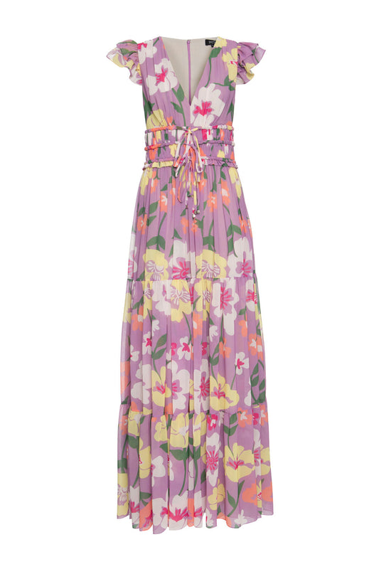 VESTIDO LONGO AMARRAÇÃO RETRÔ FLOWER LILAS