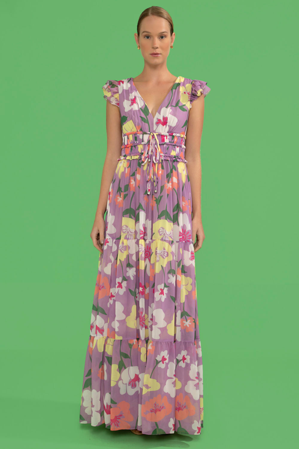 VESTIDO LONGO AMARRAÇÃO RETRÔ FLOWER LILAS