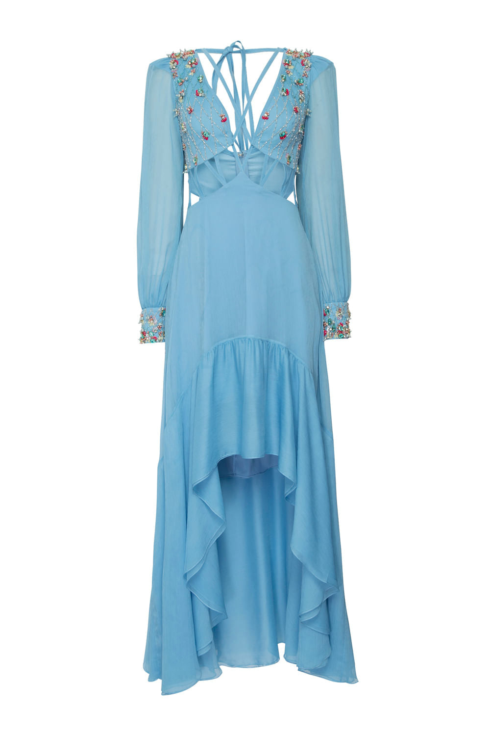 VESTIDO LONGO RECORTES CHIFFON ÍRIS  AZUL