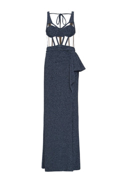 VESTIDO LONGO CORSET LUREX BARDOT GRAFITE