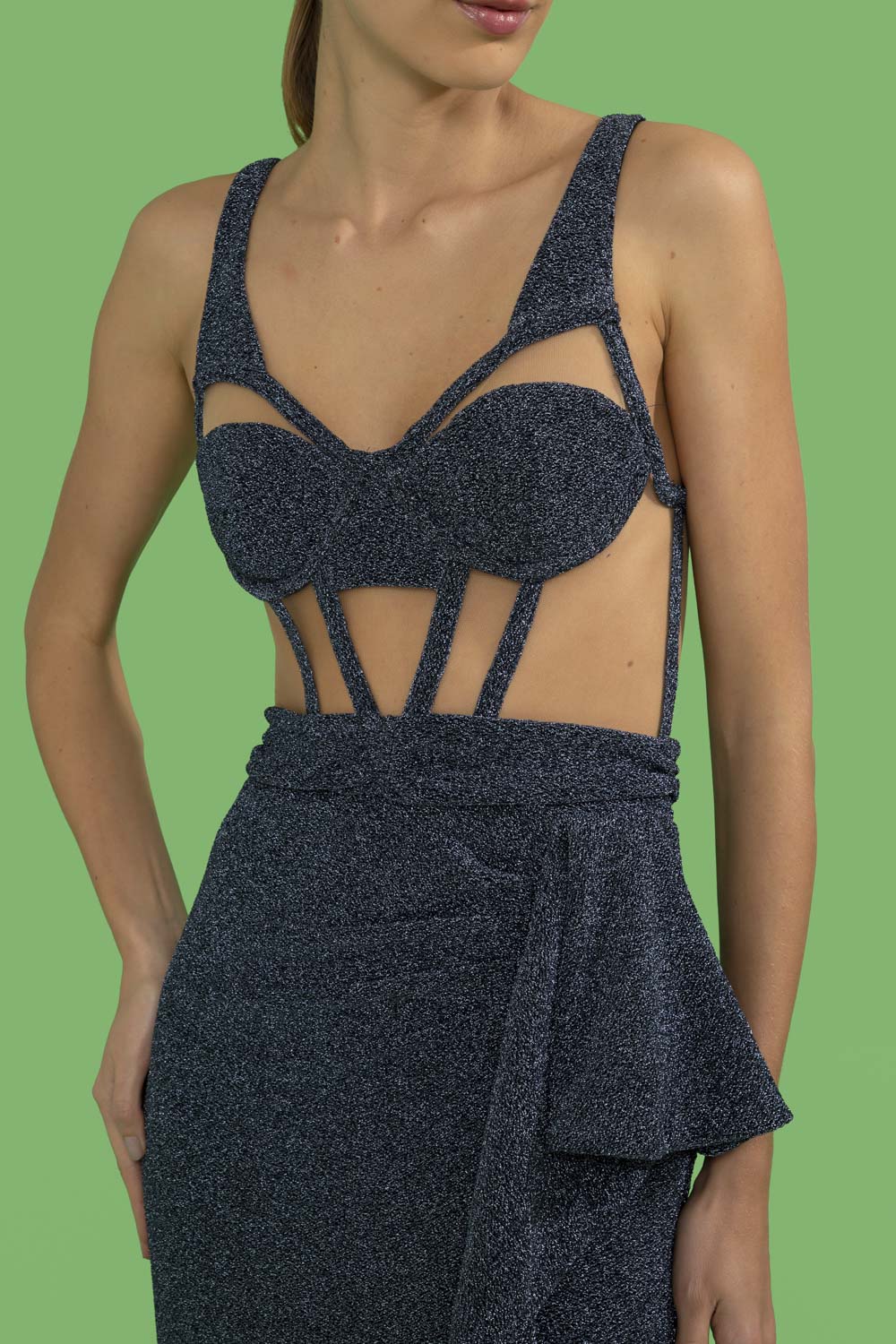 VESTIDO LONGO CORSET LUREX BARDOT GRAFITE