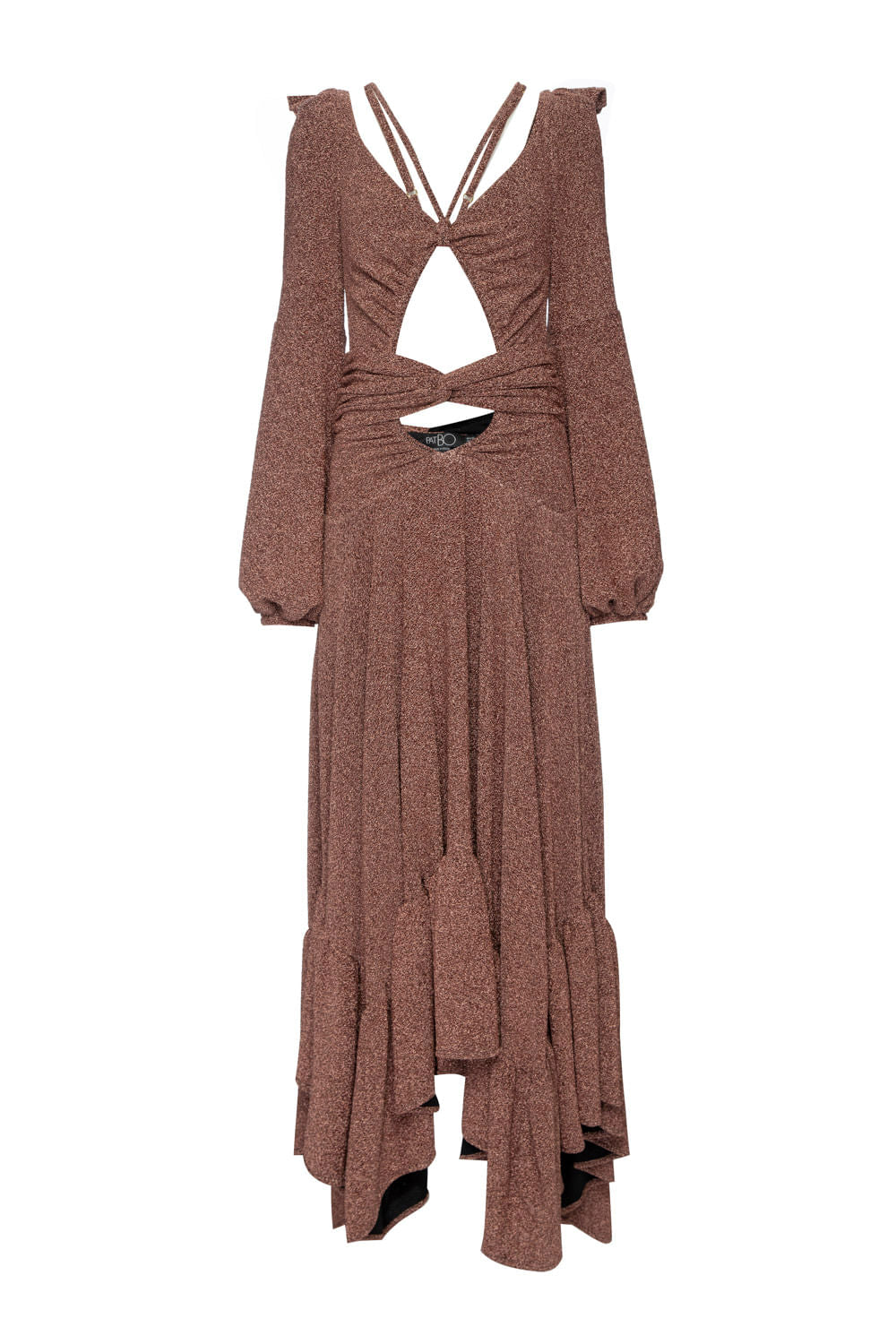 VESTIDO LONGO ASSIMÉTRICO LUREX BARDOT COBRE