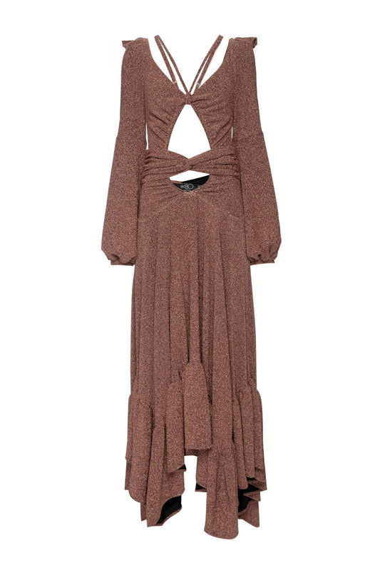 VESTIDO LONGO ASSIMÉTRICO LUREX BARDOT COBRE