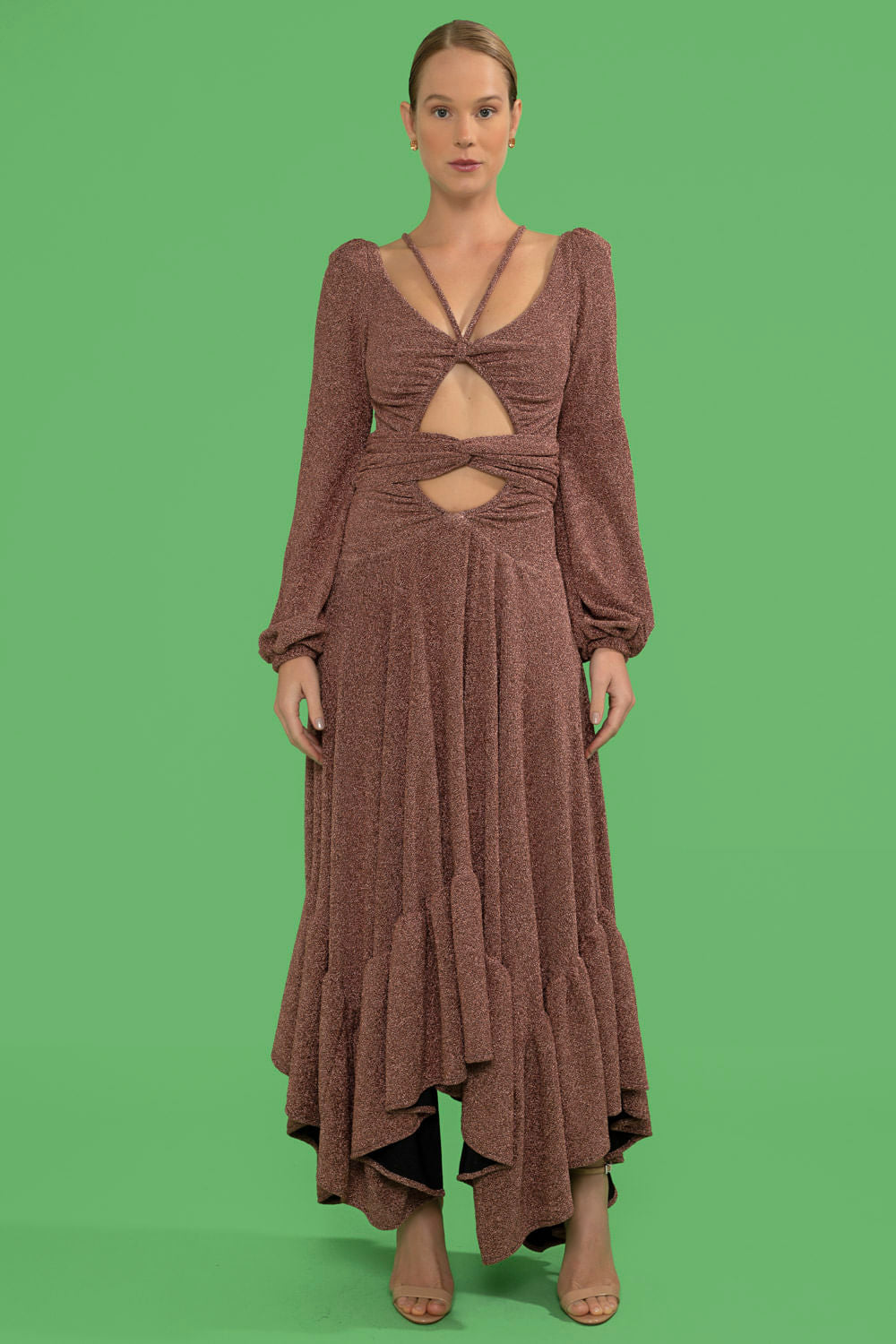 VESTIDO LONGO ASSIMÉTRICO LUREX BARDOT COBRE