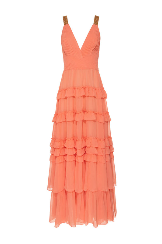 VESTIDO LONGO ALÇA STRASS CHIFFON ÍRIS LARANJA