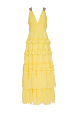 VESTIDO LONGO ALÇA STRASS CHIFFON ÍRIS AMARELO