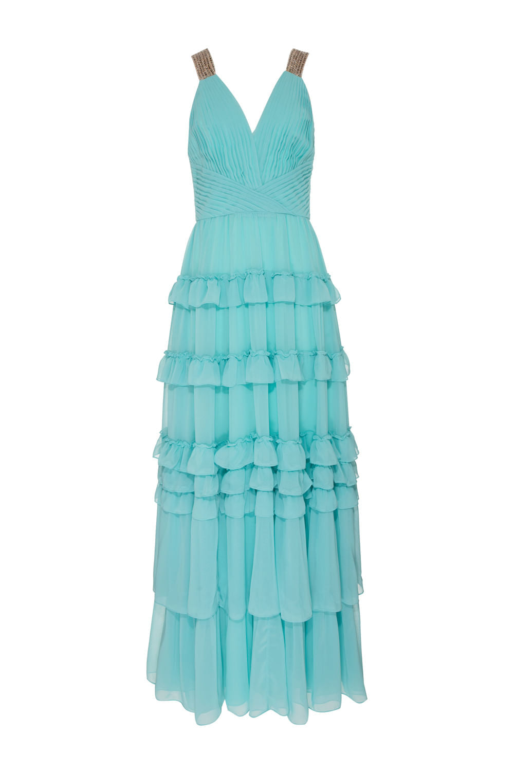 VESTIDO LONGO ALÇA STRASS CHIFFON ÍRIS AZUL