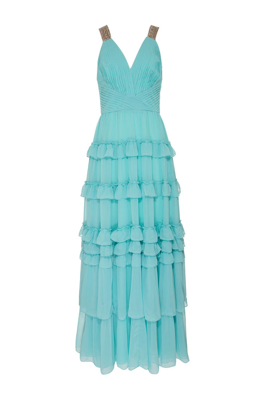 VESTIDO LONGO ALÇA STRASS CHIFFON ÍRIS AZUL