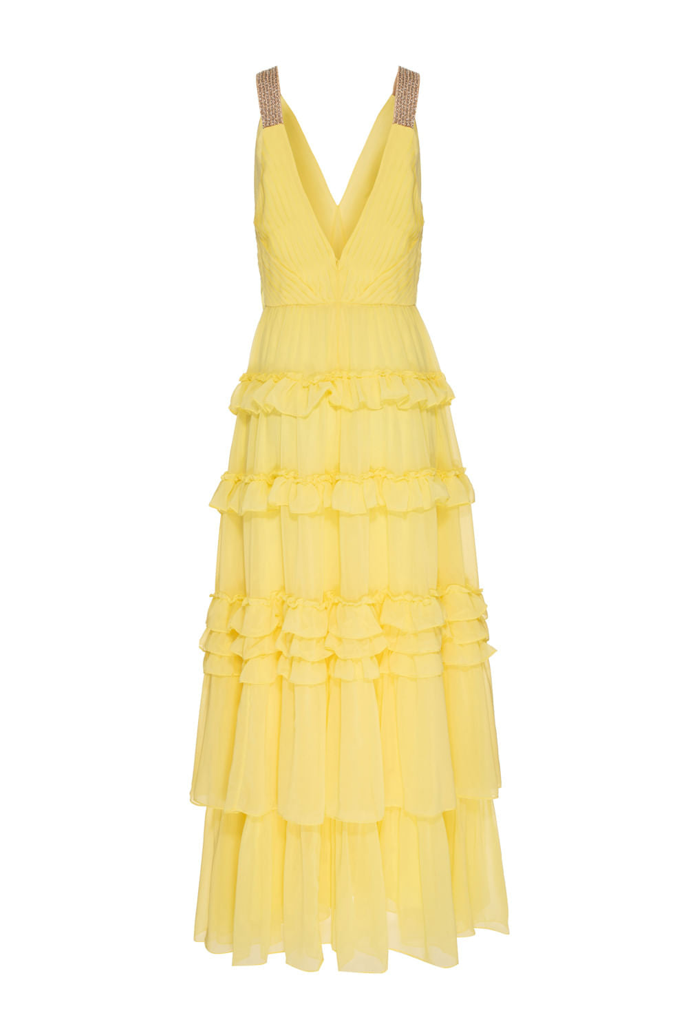 VESTIDO LONGO ALÇA STRASS CHIFFON ÍRIS AMARELO