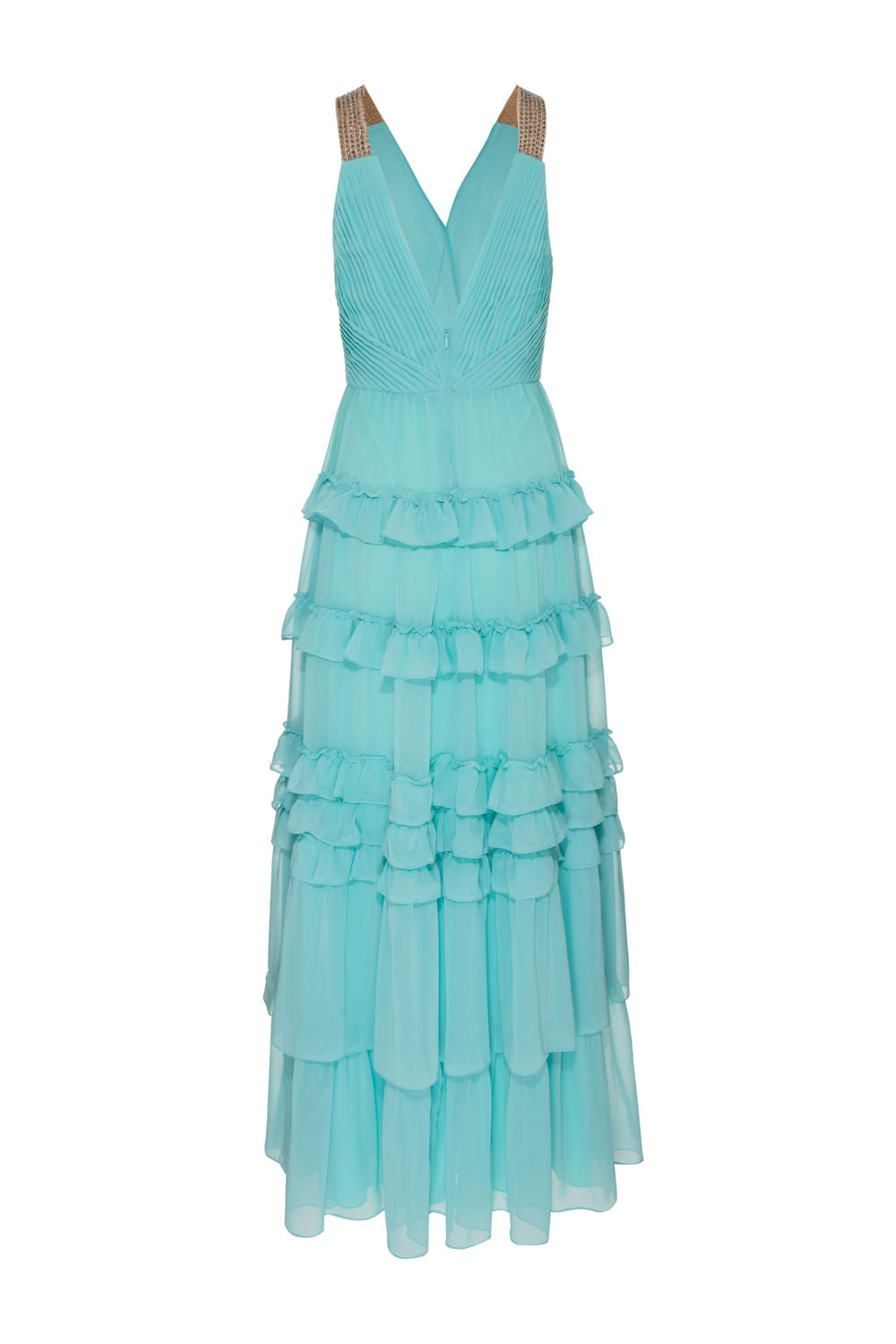 VESTIDO LONGO ALÇA STRASS CHIFFON ÍRIS AZUL