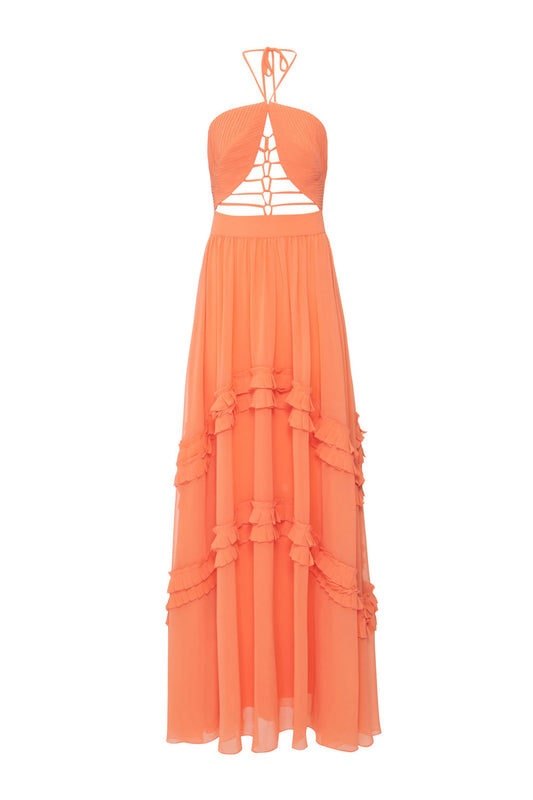 VESTIDO LONGO TIRAS CHIFFON ÍRIS LARANJA