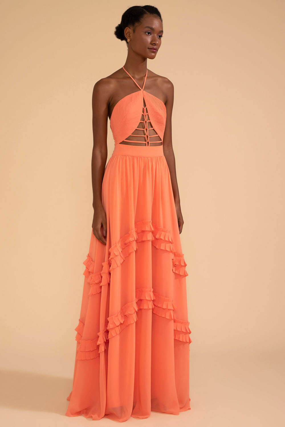 VESTIDO LONGO TIRAS CHIFFON ÍRIS LARANJA