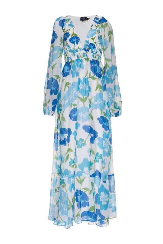 VESTIDO LONGO FRANZIDO RETRÔ FLOWER OFF WHITE