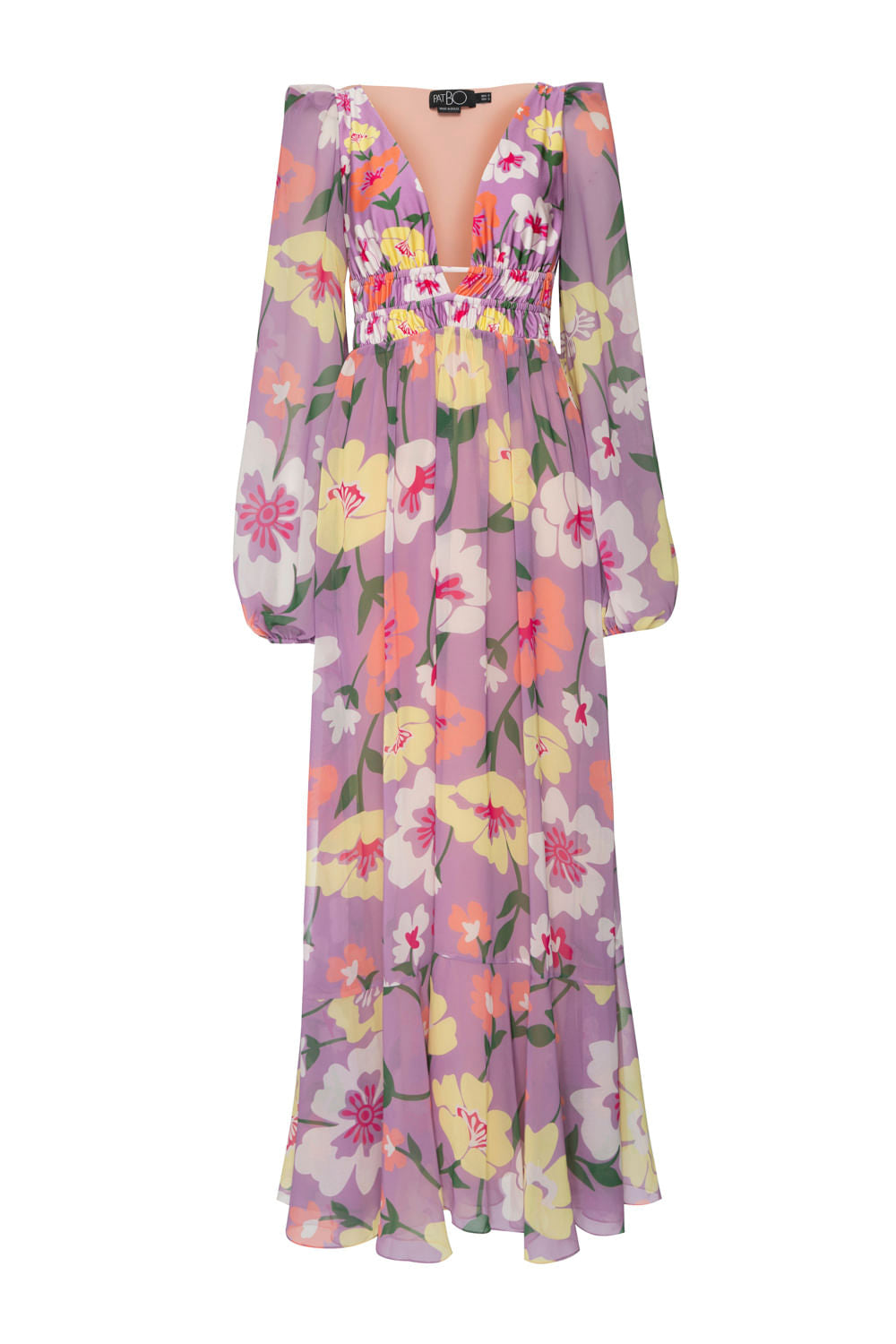 VESTIDO LONGO FRANZIDO RETRÔ FLOWER LILAS