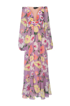 VESTIDO LONGO FRANZIDO RETRÔ FLOWER LILAS