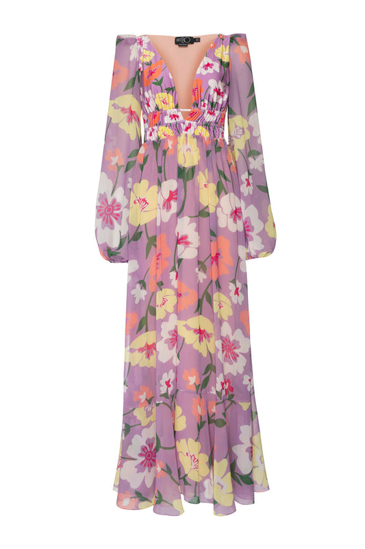 VESTIDO LONGO FRANZIDO RETRÔ FLOWER LILAS