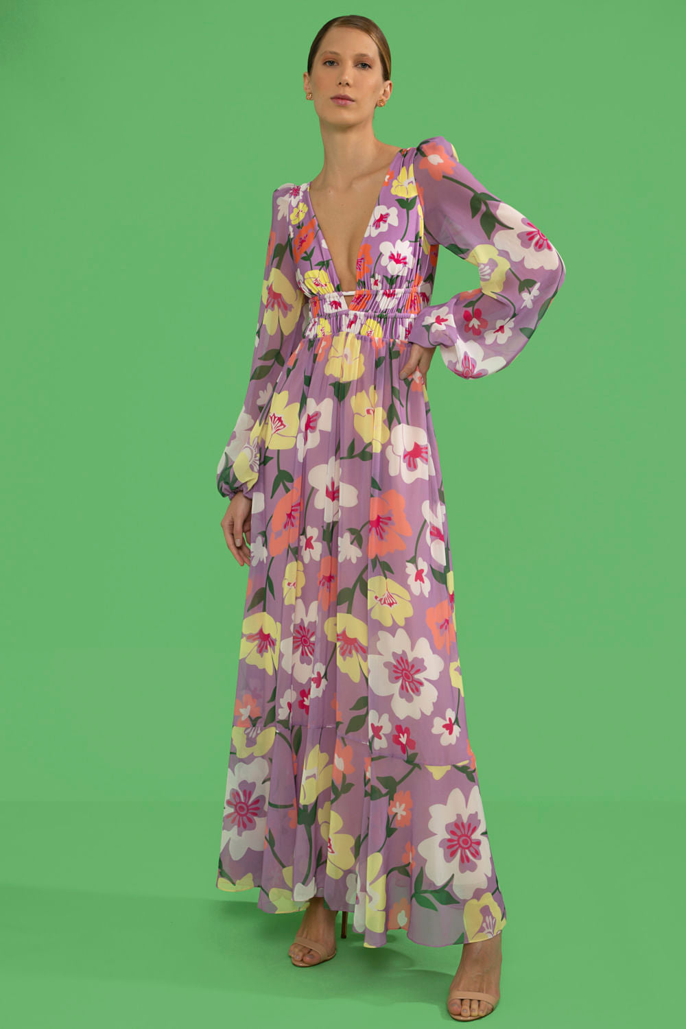 VESTIDO LONGO FRANZIDO RETRÔ FLOWER LILAS