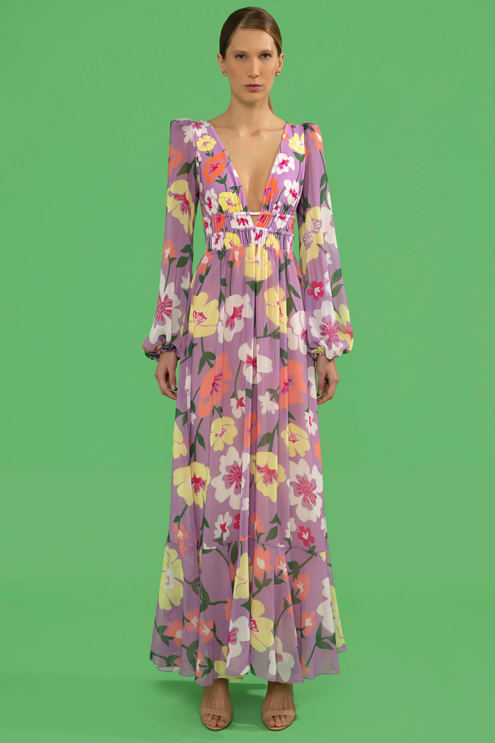 VESTIDO LONGO FRANZIDO RETRÔ FLOWER LILAS