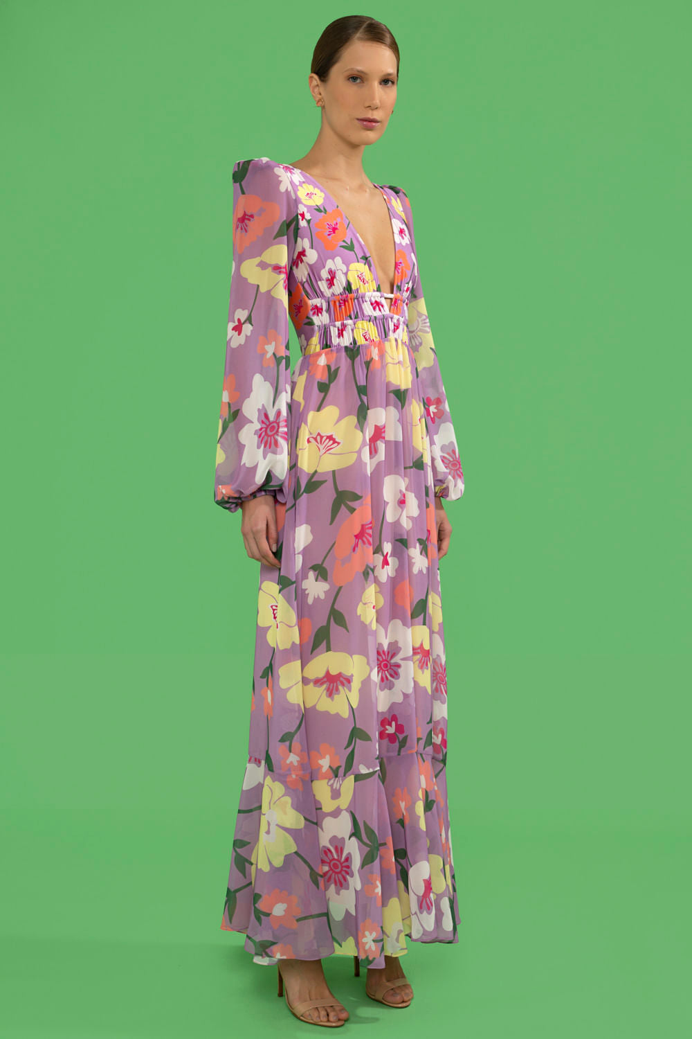 VESTIDO LONGO FRANZIDO RETRÔ FLOWER LILAS