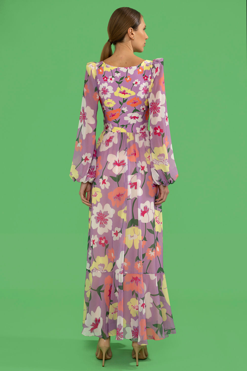 VESTIDO LONGO FRANZIDO RETRÔ FLOWER LILAS