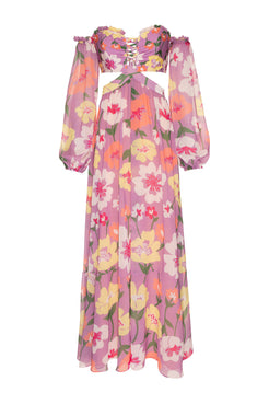 VESTIDO LONGO MANGAS RETRO FLOWER LILAS