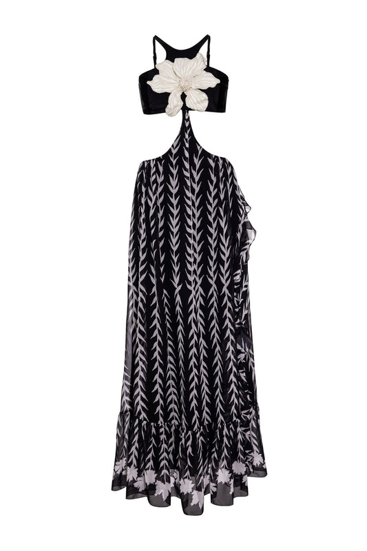 VESTIDO LONGO FLOR BARRADO BEM ME QUER PRETO