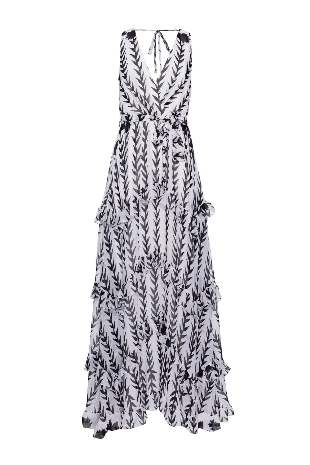 VESTIDO LONGO BABADO BEM ME QUER PRETO COM OFF WHITE