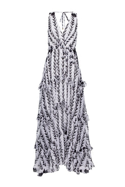 VESTIDO LONGO BABADO BEM ME QUER PRETO COM OFF WHITE