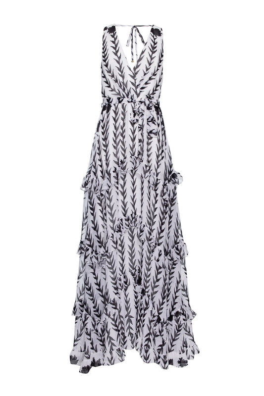 VESTIDO LONGO BABADO BEM ME QUER PRETO COM OFF WHITE