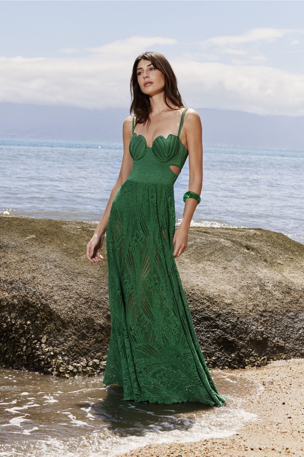 VESTIDO LONGO RECORTES TELA FARROW VERDE