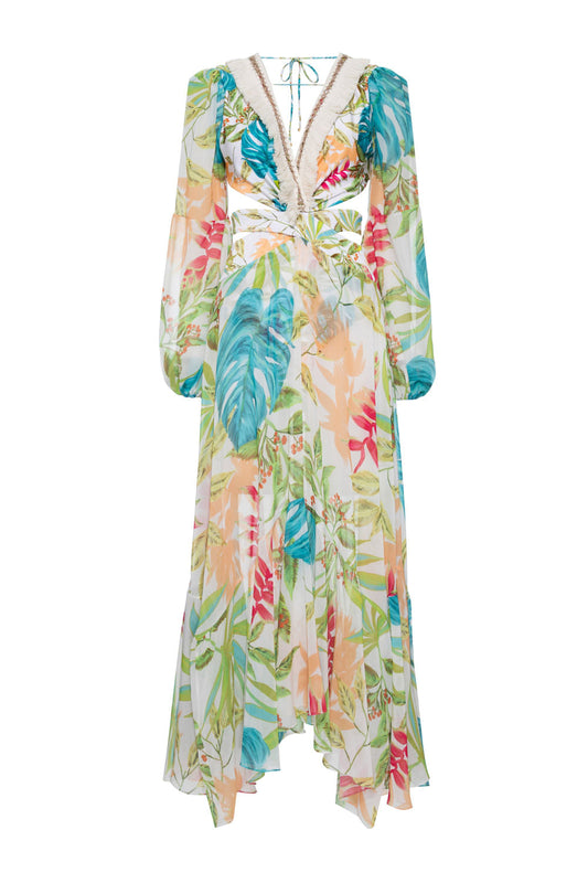 VESTIDO LONGO ASSIMÉTRICO TROPICÁLIA OFF WHITE