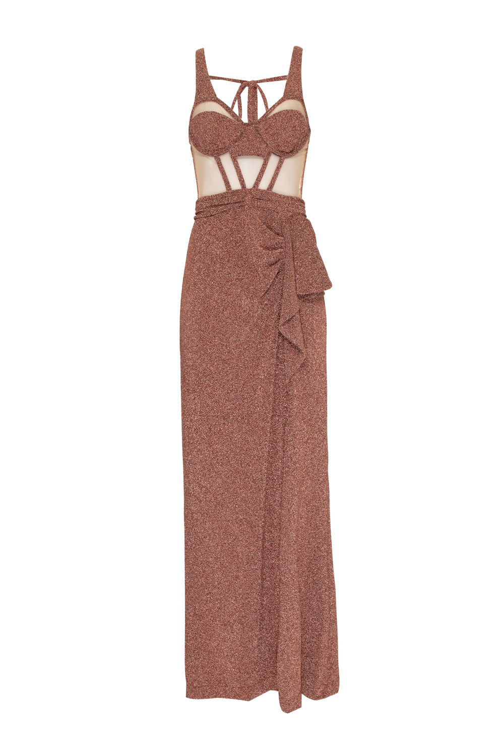 VESTIDO LONGO CORSET LUREX BARDOT COBRE