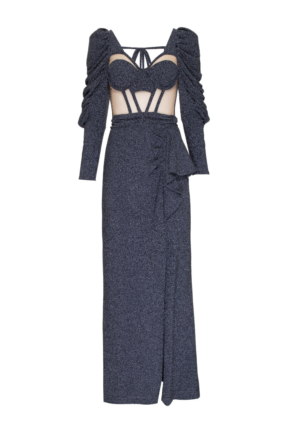 VESTIDO LONGO MANGAS LUREX BARDOT GRAFITE