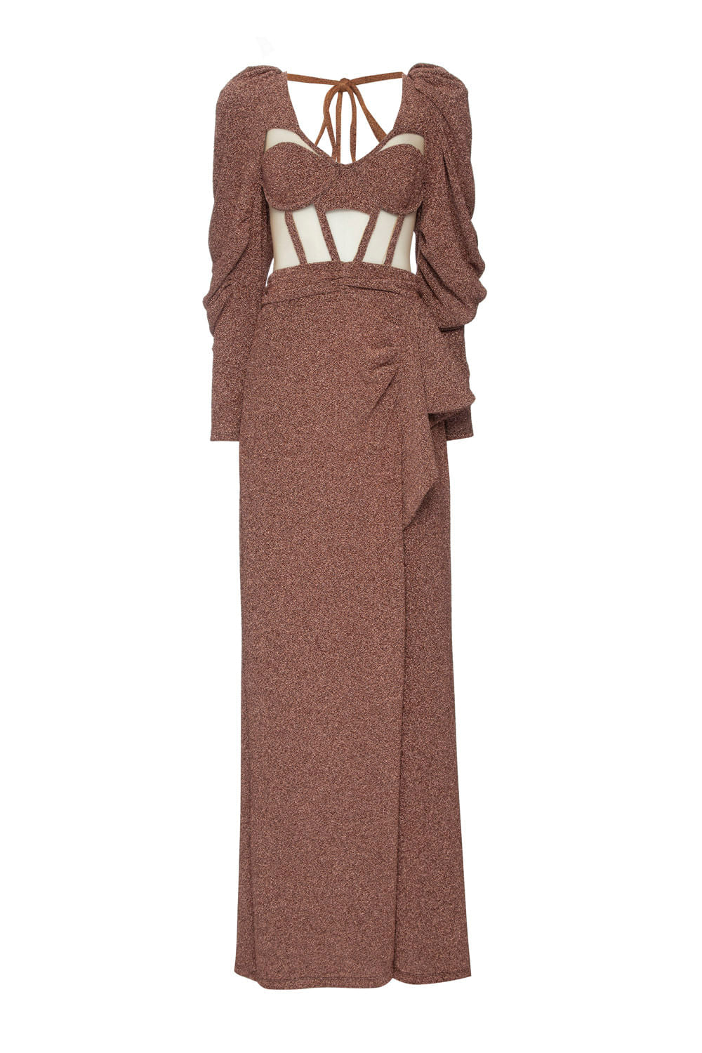 VESTIDO LONGO MANGAS LUREX BARDOT COBRE