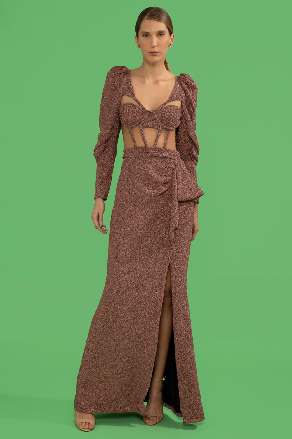 VESTIDO LONGO MANGAS LUREX BARDOT COBRE