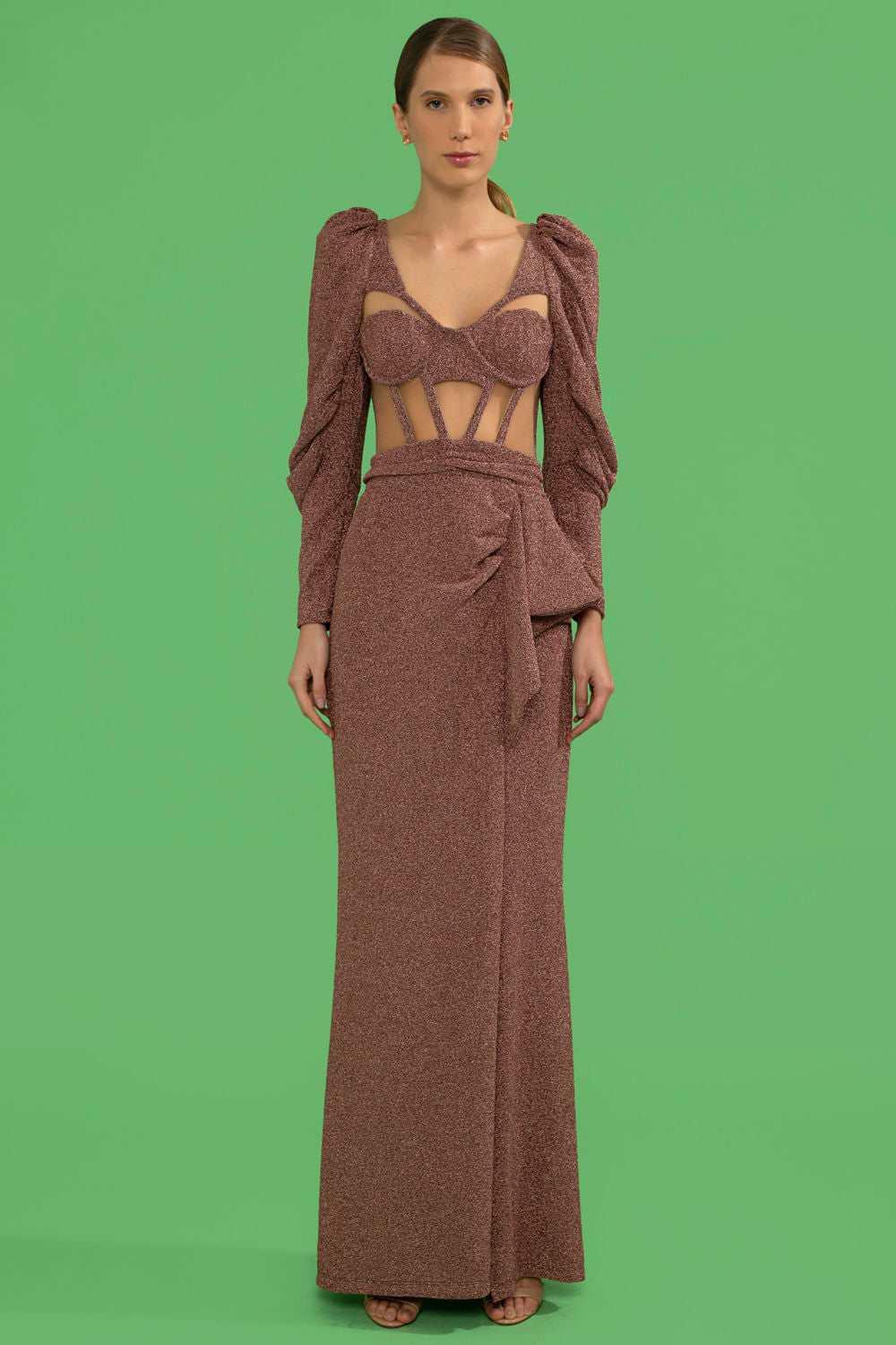 VESTIDO LONGO MANGAS LUREX BARDOT COBRE