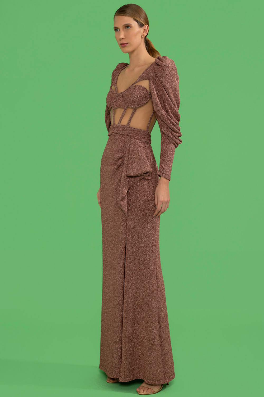 VESTIDO LONGO MANGAS LUREX BARDOT COBRE