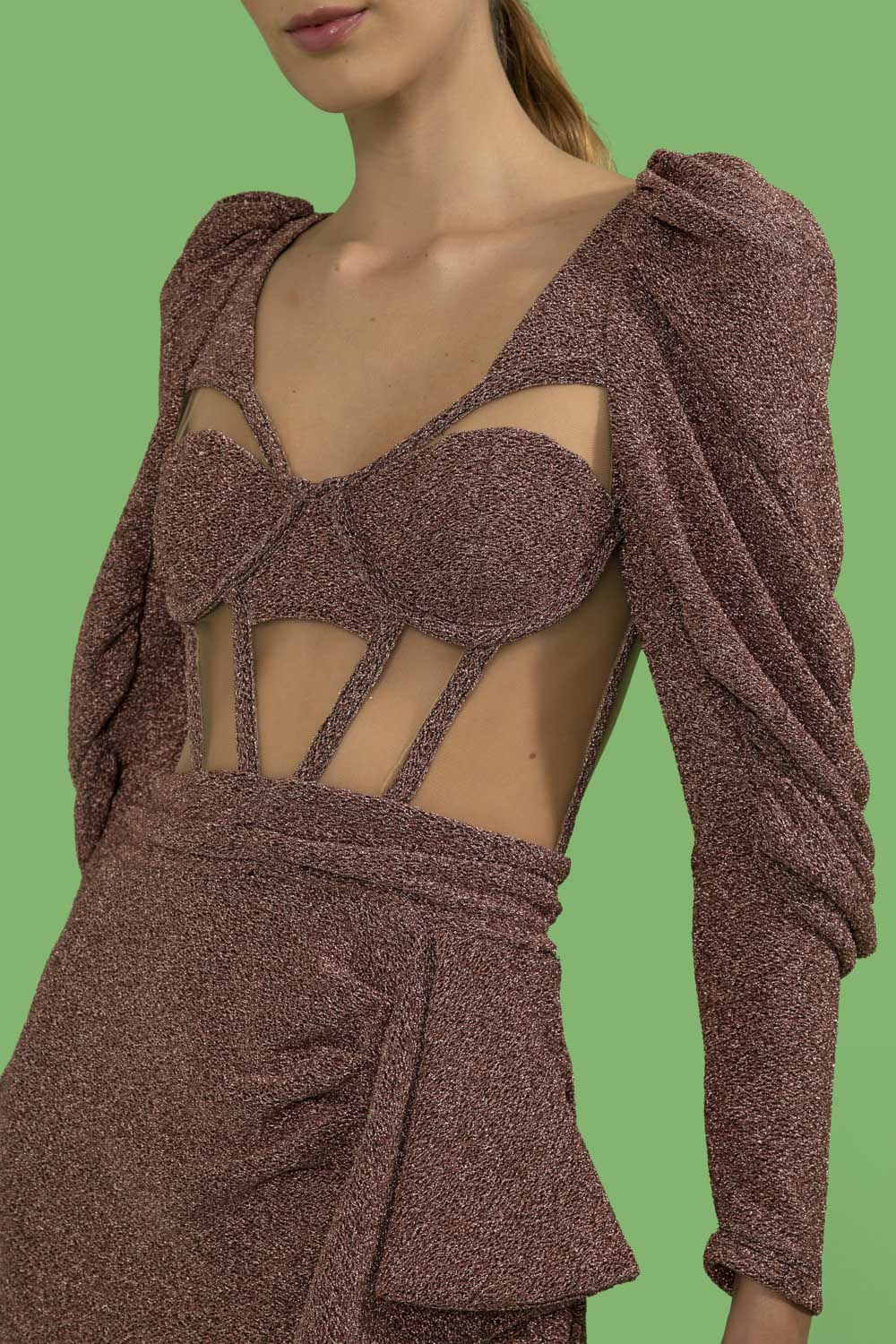 VESTIDO LONGO MANGAS LUREX BARDOT COBRE