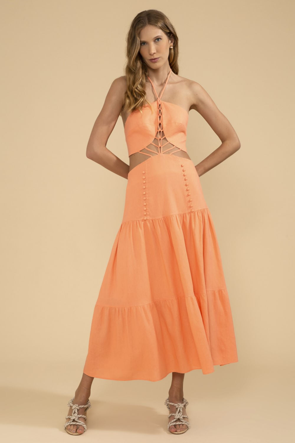 VESTIDO MÍDI BOTÕES LINHO BALNEÁRIO CORAL