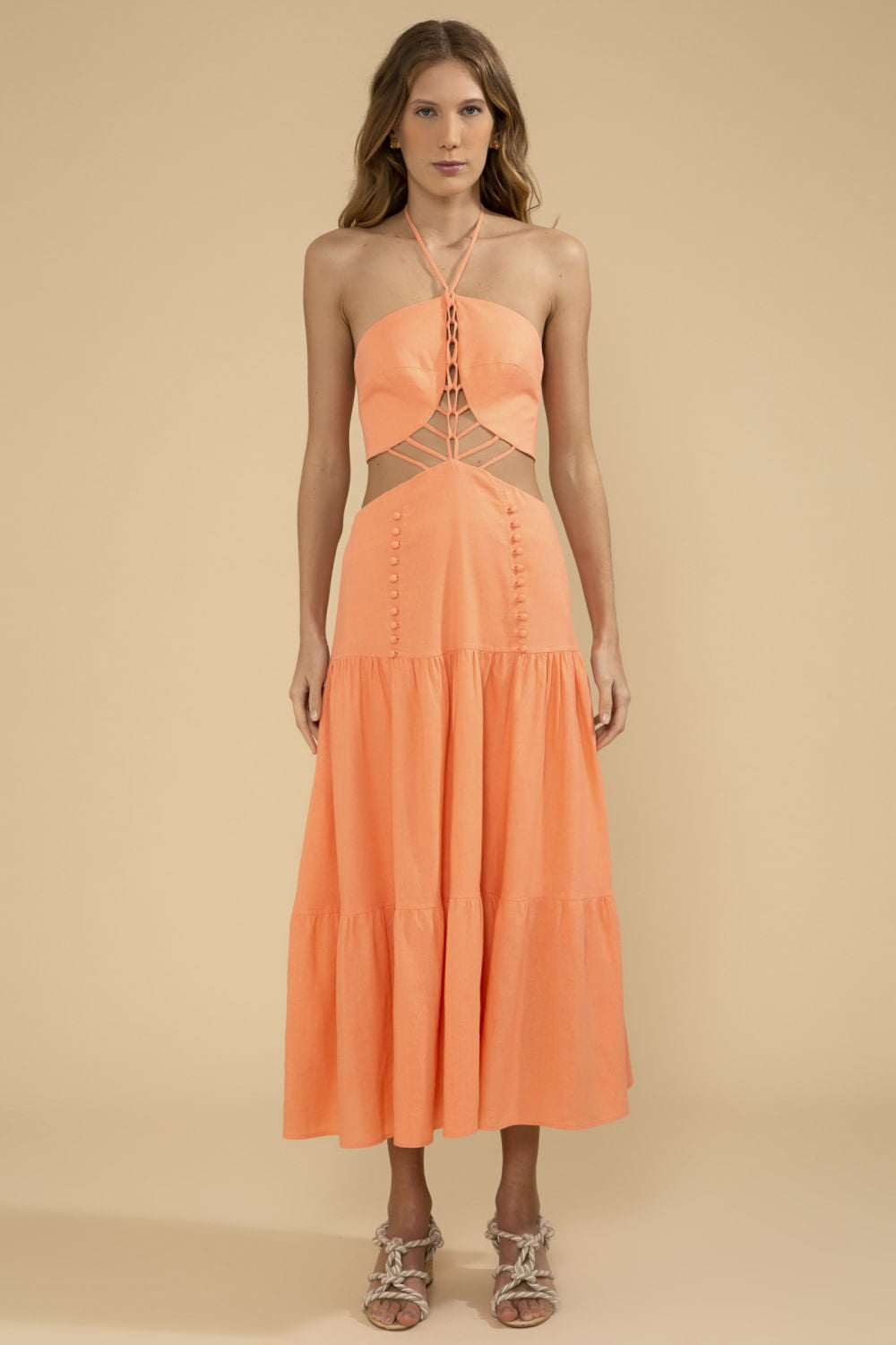 VESTIDO MÍDI BOTÕES LINHO BALNEÁRIO CORAL
