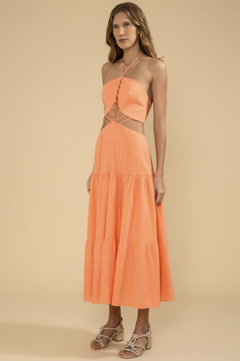 VESTIDO MÍDI BOTÕES LINHO BALNEÁRIO CORAL
