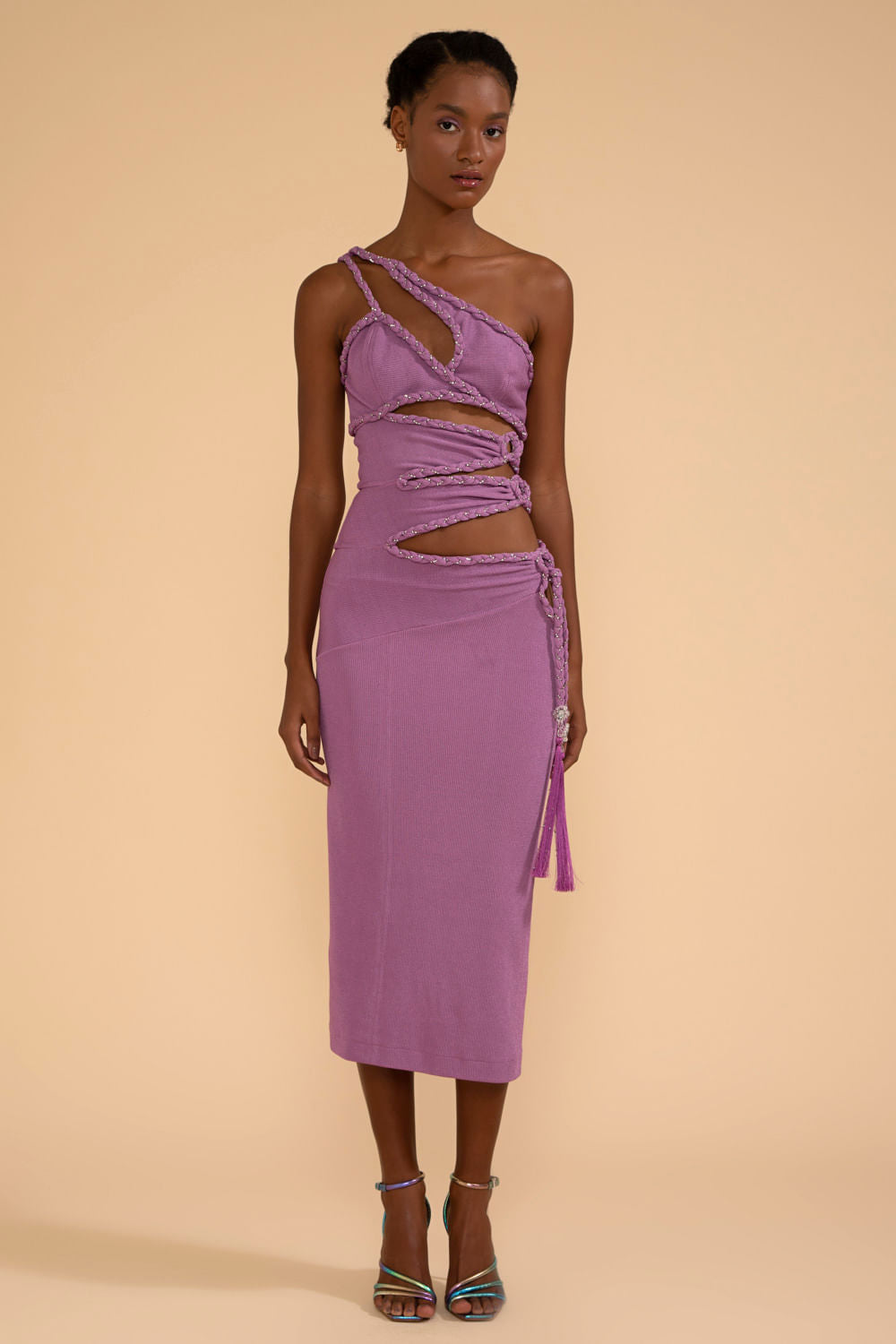 VESTIDO MÍDI BUSTO ASSIMÉTRICO MALHA BASEL LILAS