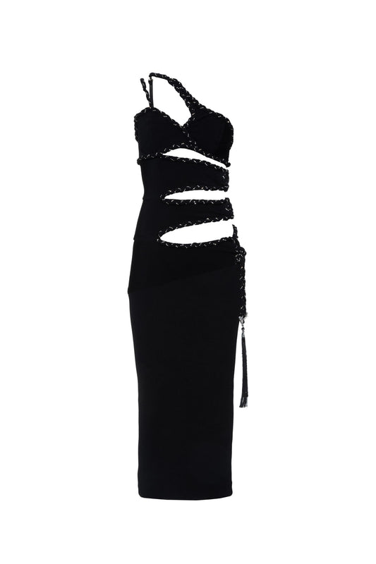 Vestido mídi busto assimétrico malha basel preto