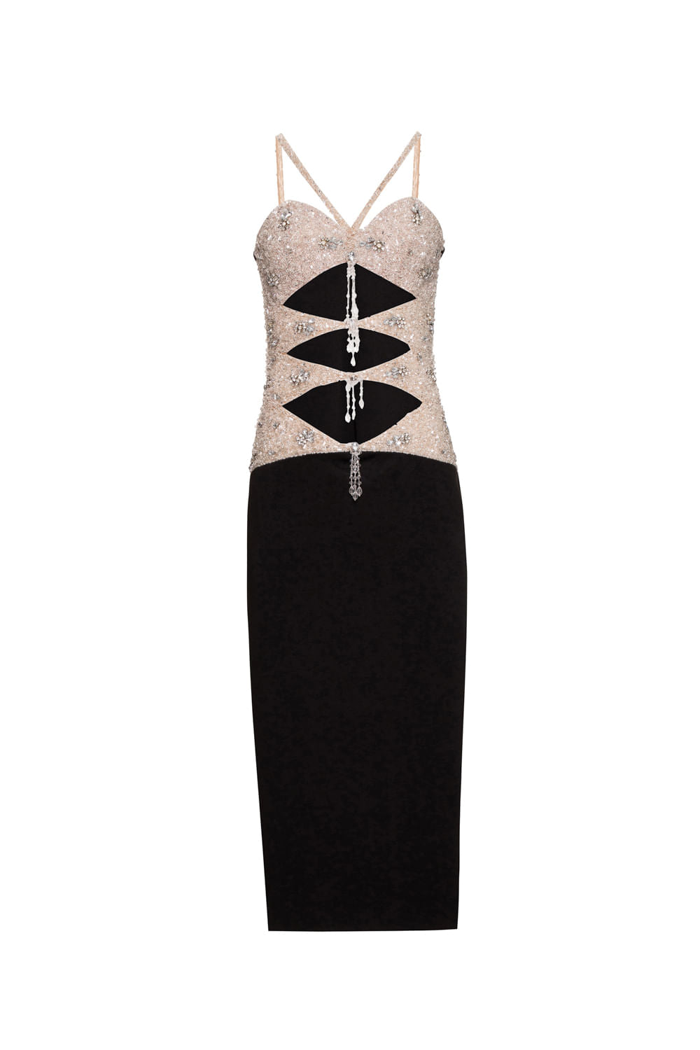 VESTIDO MÍDI CORPO BORDADO CREPE CRYSTAL PRETO